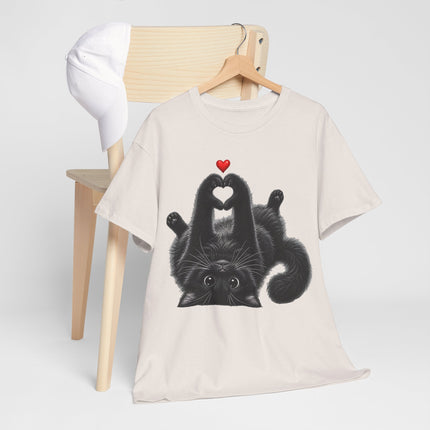 Cat Heart Tee — Cute Black Cat Lying Upside Down with Heart Graphic