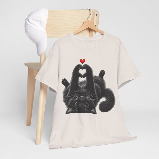 Cat Heart Tee — Cute Black Cat Lying Upside Down with Heart Graphic