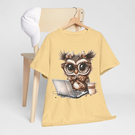 Cute Owl Working at Laptop T-Shirt — Coffee Lover Graphic Tee