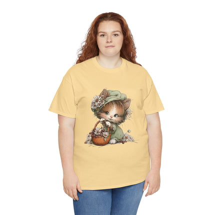 Whimsical Spring Cat #31 - Kitten Reaching for Butterfly Tee | Cute Cat Illustration Shirt