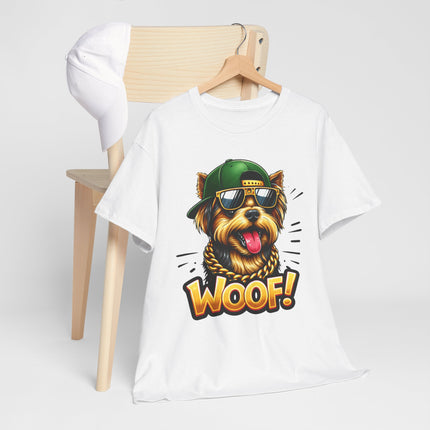 Woof! Cool Yorkie Graphic Tee — Retro Pup with Sunglasses & Cap