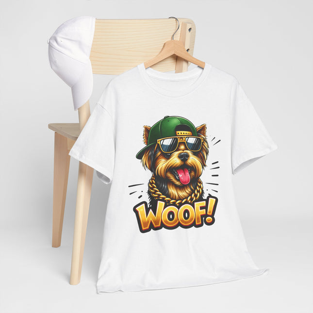 Woof! Cool Yorkie Graphic Tee — Retro Pup with Sunglasses & Cap
