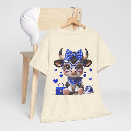 Cute Cow Graphic Tee — Blue Bow Cow With Glasses & Hearts