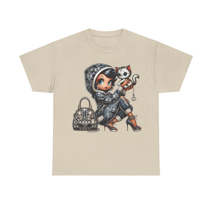 Retro Fashion Doll Tee with Cat – Cute Big Eye Cartoon Streetwear Graphic T-Shirt for Women Trendy Urban Style Top