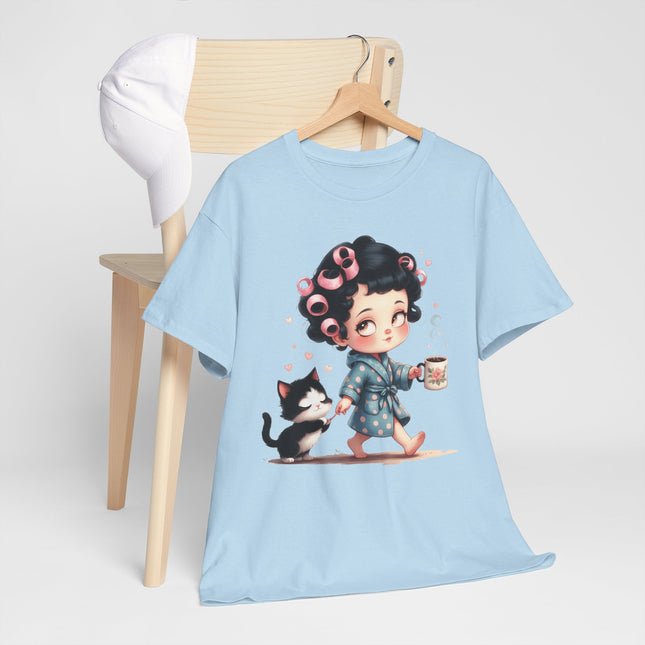 Cute Morning Routine Tee — Cartoon Girl in Rollers with Cat & Coffee