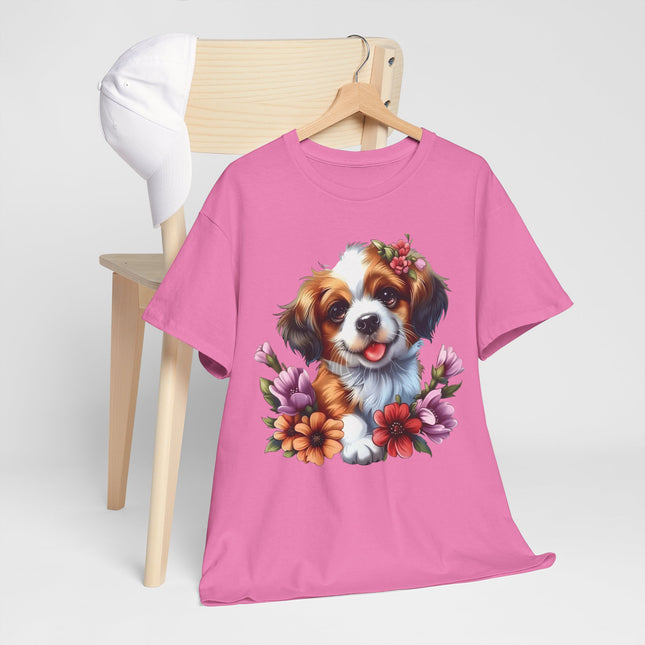 Cute Puppy Floral T‑Shirt — Happy Dog with Flowers Graphic Tee
