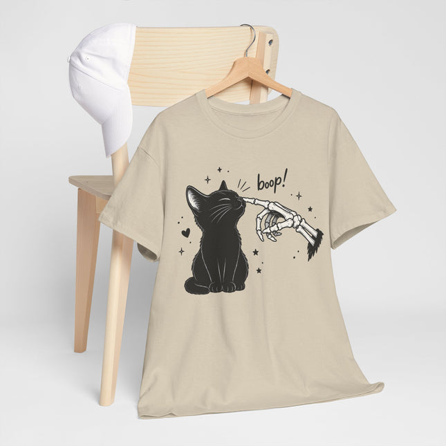 Cat Boop T‑Shirt — Black Cat & Skeleton Hand Boop Graphic Tee