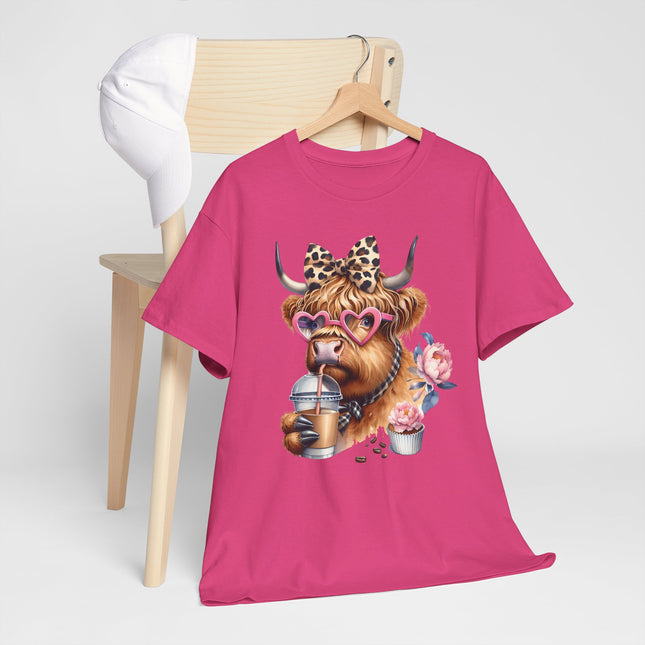 Cute Highland Cow Tee with Heart Sunglasses, Leopard Bow & Coffee — Cow Mom Gift