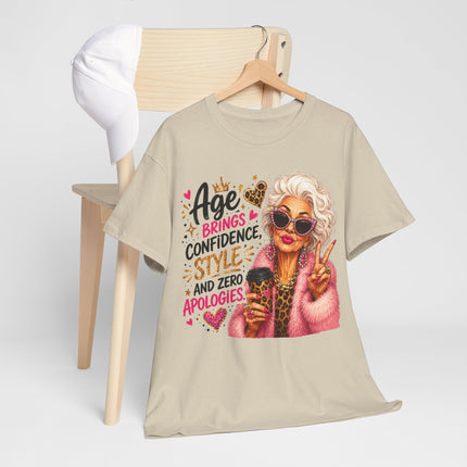 T-Shirt — "Age Brings Confidence, Style & Zero Apologies" Retro Glam Senior Woman Graphic Tee