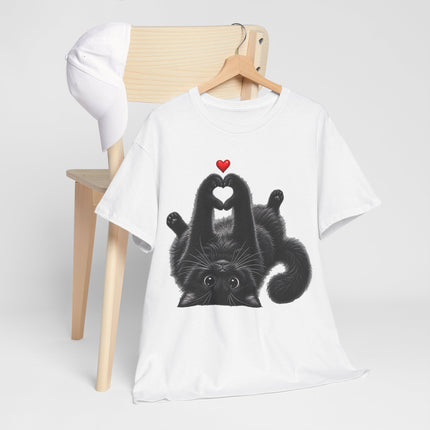 Cat Heart Tee — Cute Black Cat Lying Upside Down with Heart Graphic