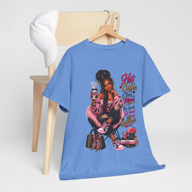Graphic Tee — “Hot Cocoa, Close Friends, Big Goals” Pink Girl Illustration Shirt
