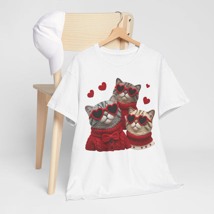Faux Yarn "Cool Kittens"  T-Shirt — Trio of Cute Cats in Heart Sunglasses