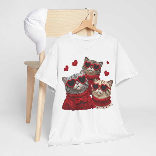Faux Yarn "Cool Kittens"  T-Shirt — Trio of Cute Cats in Heart Sunglasses