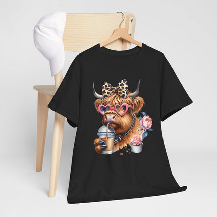 Cute Highland Cow Tee with Heart Sunglasses, Leopard Bow & Coffee — Cow Mom Gift