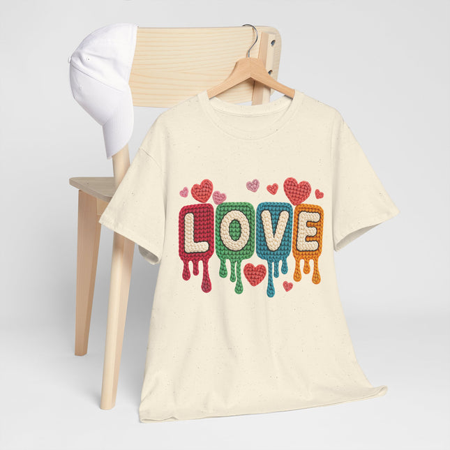 Faux Yarn "LOVE" Drip Graphic Tee — Colorful Retro Heart Design
