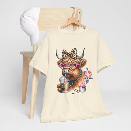 Cute Highland Cow Tee with Heart Sunglasses, Leopard Bow & Coffee — Cow Mom Gift
