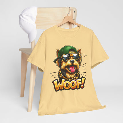 Woof! Cool Yorkie Graphic Tee — Retro Pup with Sunglasses & Cap