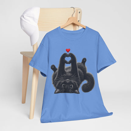 Cat Heart Tee — Cute Black Cat Lying Upside Down with Heart Graphic