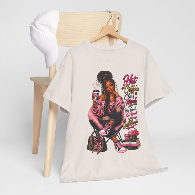 Graphic Tee — “Hot Cocoa, Close Friends, Big Goals” Pink Girl Illustration Shirt