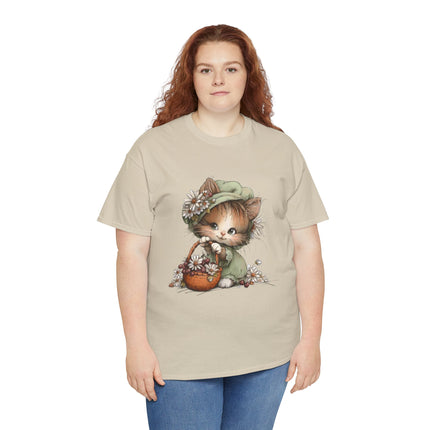 Whimsical Spring Cat #31 - Kitten Reaching for Butterfly Tee | Cute Cat Illustration Shirt