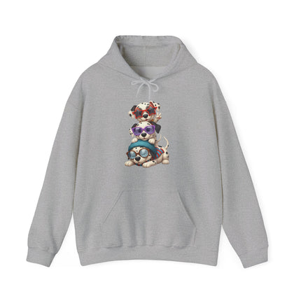 Cute Stacked Puppies Hoodie – Colorful Sunglass Dog Trio Pullover
