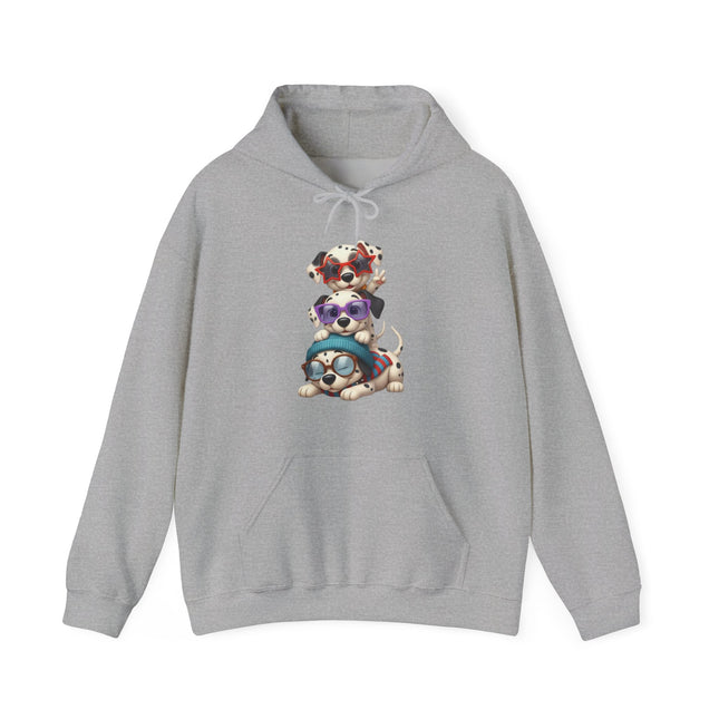 Cute Stacked Puppies Hoodie – Colorful Sunglass Dog Trio Pullover