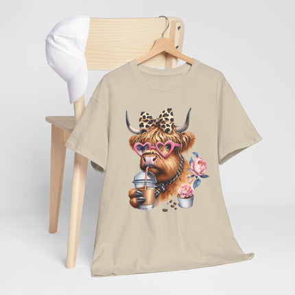 Cute Highland Cow Tee with Heart Sunglasses, Leopard Bow & Coffee — Cow Mom Gift