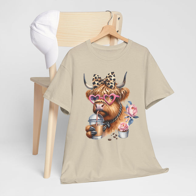 Cute Highland Cow Tee with Heart Sunglasses, Leopard Bow & Coffee — Cow Mom Gift