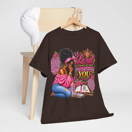 Prayerful Woman T-Shirt — "Lord I'm Using My Pain... Turn It Into Healing For You" Christian Faith Tee