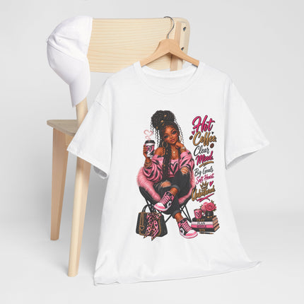 Graphic Tee — “Hot Cocoa, Close Friends, Big Goals” Pink Girl Illustration Shirt