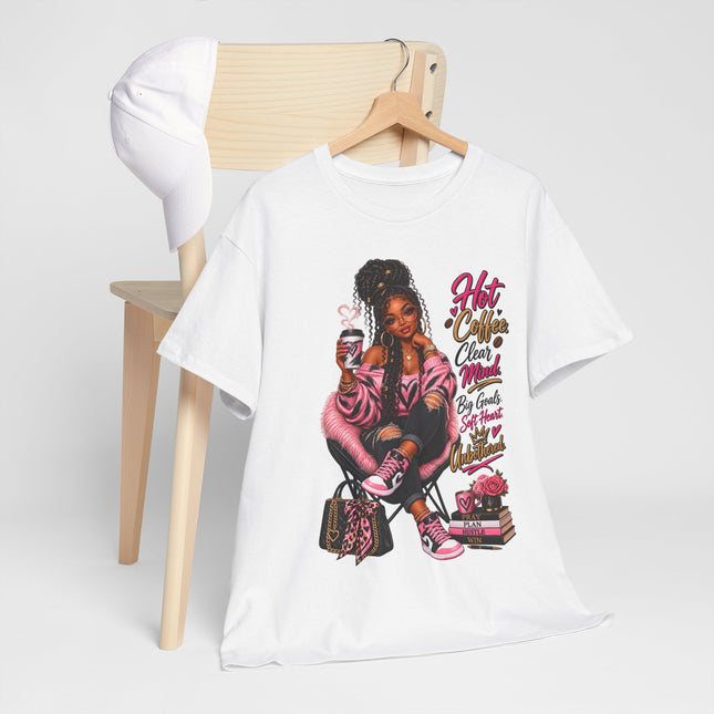 Graphic Tee — “Hot Cocoa, Close Friends, Big Goals” Pink Girl Illustration Shirt