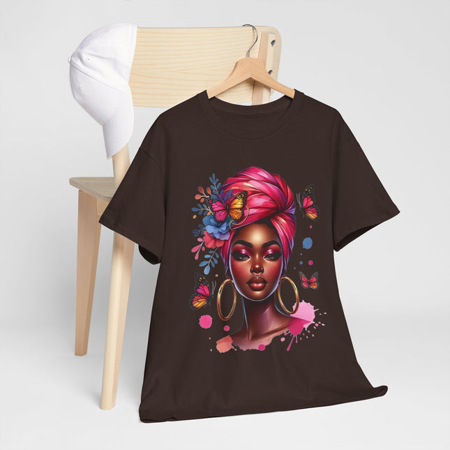 Afrocentric Butterfly Portrait T-Shirt — Woman with Headwrap & Hoop Earrings
