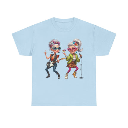 Senior Rock Duo Graphic Tee — Retro Grandmas Singing & Playing Guitar