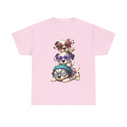 Cute Stacked Puppies T-Shirt – Cartoon Dogs Wearing Glasses & Beanie