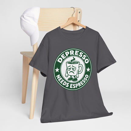 T-Shirt — Depresso Needs Espresso Coffee Tee (Funny Coffee Lover Gift)