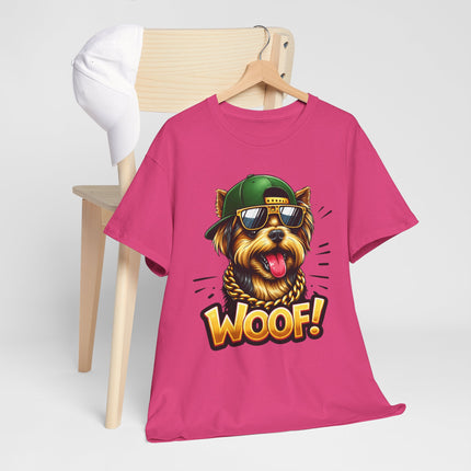 Woof! Cool Yorkie Graphic Tee — Retro Pup with Sunglasses & Cap
