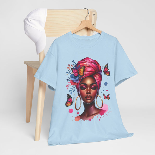 Afrocentric Butterfly Portrait T-Shirt — Woman with Headwrap & Hoop Earrings