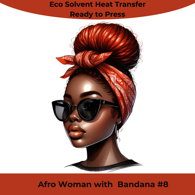 Afro Woman with Bandana #8 Eco Solvent Heat Transfer by Style Junction Custom Digital Designs, vibrant and exclusive wearable art.