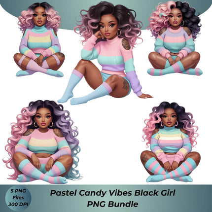 Pastel Candy Vibes PNG – 5 Black Girl Designs for Sublimation Digital File Style-Junction Custom Designs & Prints