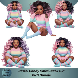 Pastel Candy Vibes Black Girl PNG Bundle – 5 High-Res Transparent Digital Files for Sublimation, T-Shirts, Tote Bags, Mugs, & Wall Art Digital File Style-Junction Custom Designs & Prints