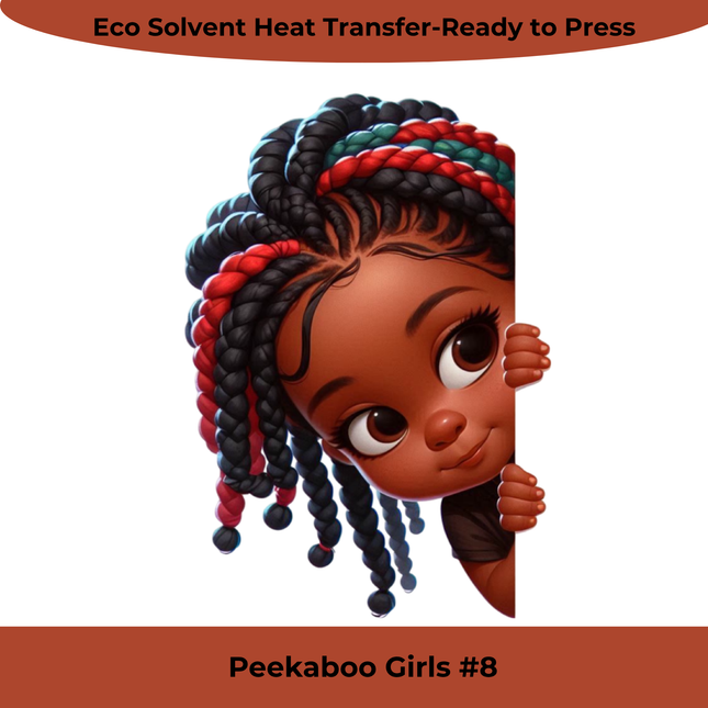 Peekaboo Girls #8 heat transfer by Style Junction Custom Digital Designs, featuring a playful girl peeking with colorful braids.