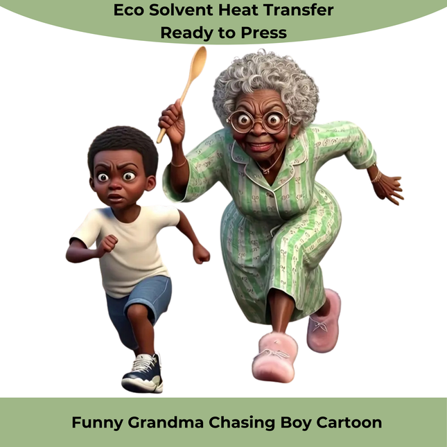 Funny Grandma Chasing Boy Cartoon PNG design by Style Junction Custom Digital Designs, exclusive ready to press eco solvent artwork.