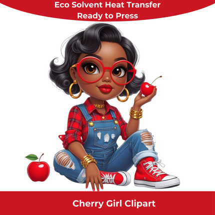 Cherry Girl Clipart Eco Solvent Heat Transfer by Style Junction Custom Digital Designs, vibrant ready to press apparel graphic.