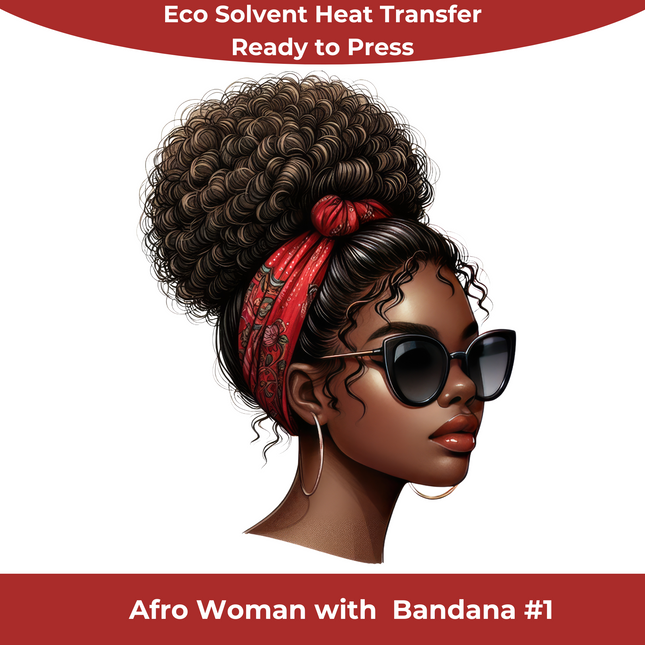 Afro Woman with Bandana #1 by Style Junction Custom Digital Designs, exclusive ready to press eco solvent heat transfer PNG.