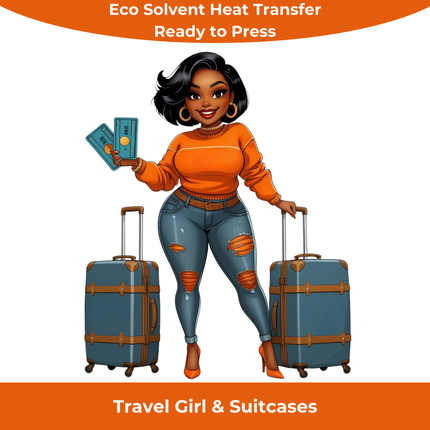 Travel Girl & Suitcases Eco Solvent Heat Transfer featuring stylish woman with tickets and luggage by Style Junction Custom Digital Designs