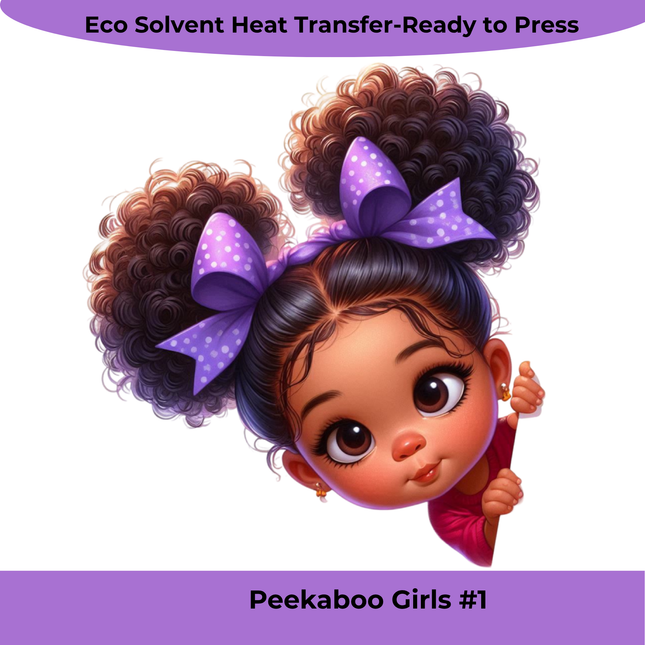 Peekaboo Girls #1 heat transfer featuring a cute girl with curly hair and purple bows by Style Junction Custom Digital Designs.