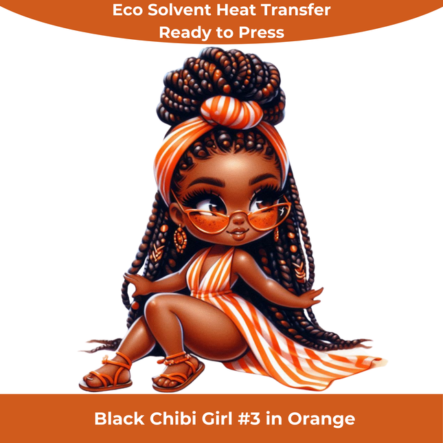 Black Chibi Girl #3 in Orange Eco Solvent Heat Transfers & Ready to Press