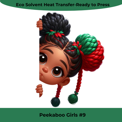 Peekaboo Girls #9 Heat Transfer by Style Junction Custom Digital Designs features a colorful girl peeking with braided hair.