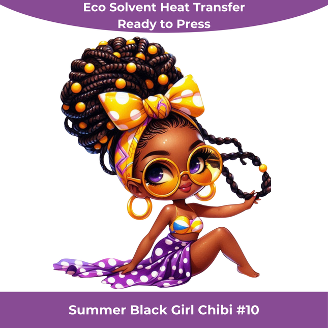 Summer Black Chibi Girl #10 Eco Solvent Heat Transfers & Ready to Press