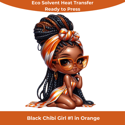 Black Chibi Girl #1 in Orange Eco Solvent Heat Transfers & Ready to Press